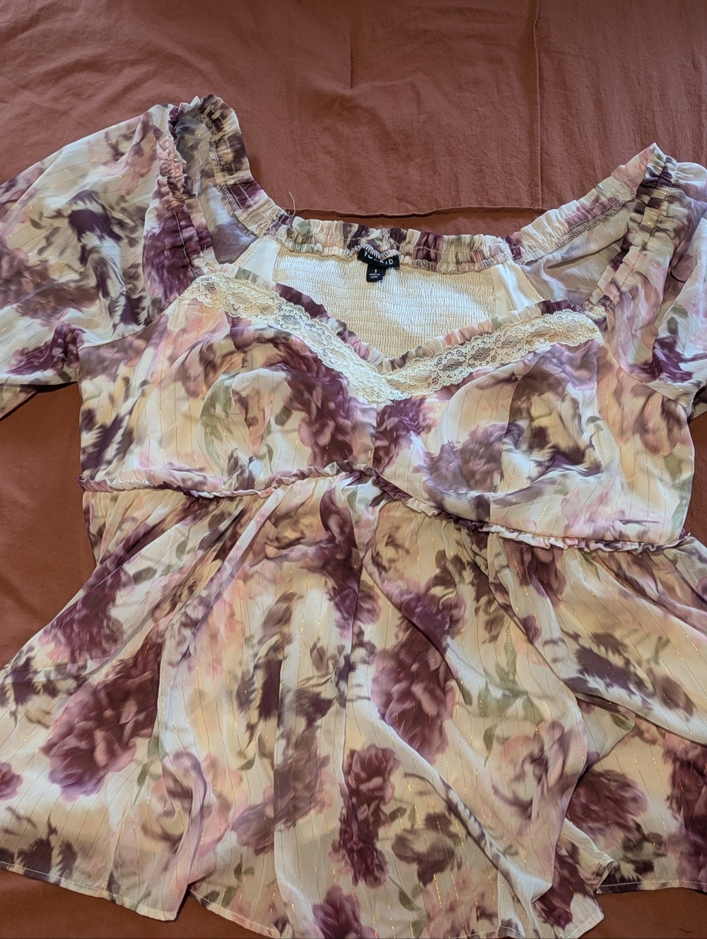 torrid Lavender Floral Lace Trim Puff Sleeve Top